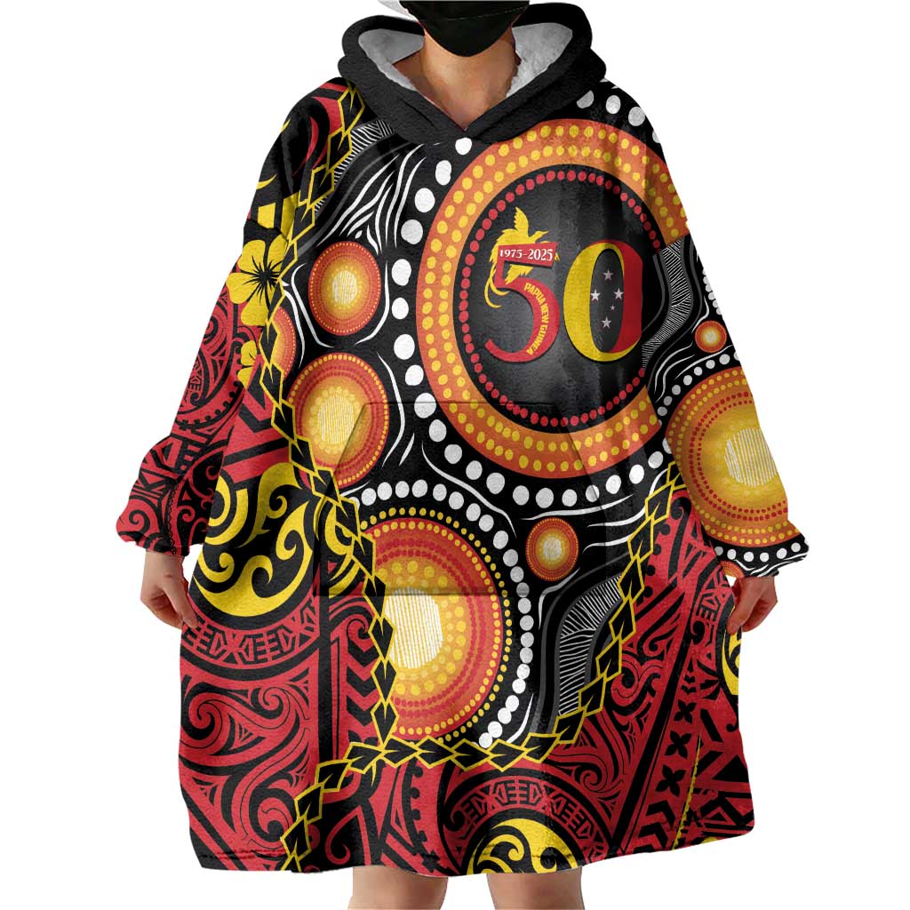 Celebrating 50 Years Papua New Guinea Wearable Blanket Hoodie Aboriginal Mix Papuan Pattern - Polynesian Pride