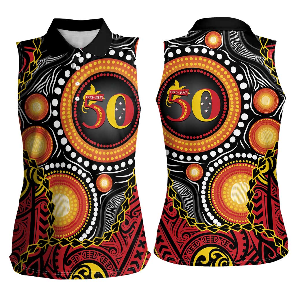 Celebrating 50 Years Papua New Guinea Women Sleeveless Polo Shirt Aboriginal Mix Papuan Pattern - Polynesian Pride