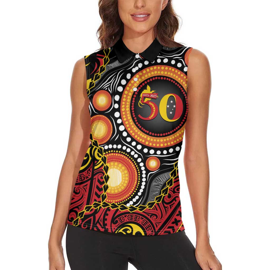 Celebrating 50 Years Papua New Guinea Women Sleeveless Polo Shirt Aboriginal Mix Papuan Pattern - Polynesian Pride