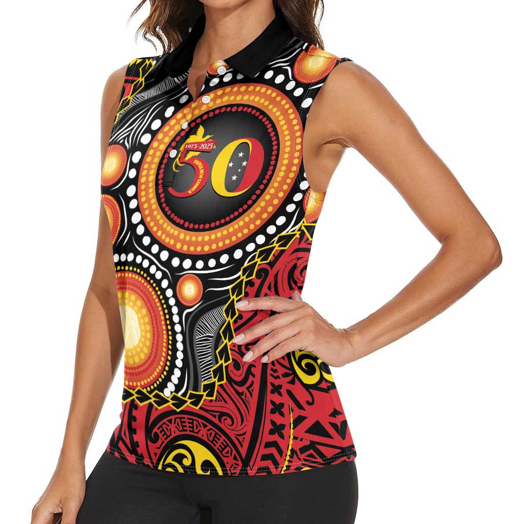 Celebrating 50 Years Papua New Guinea Women Sleeveless Polo Shirt Aboriginal Mix Papuan Pattern - Polynesian Pride