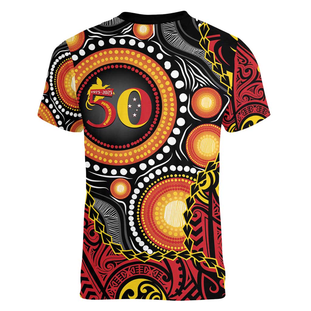 Celebrating 50 Years Papua New Guinea Women V-Neck T-Shirt Aboriginal Mix Papuan Pattern - Polynesian Pride