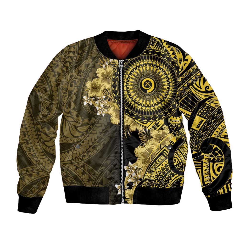 Vanuatu Bomber Jacket Hibisus Polynesian Pattern Gold - Polynesian Pride