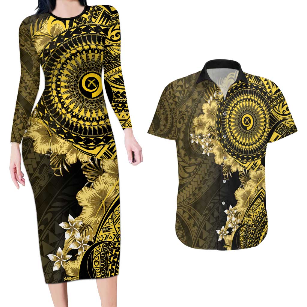Vanuatu Couples Matching Long Sleeve Bodycon Dress and Hawaiian Shirt Hibisus Polynesian Pattern Gold - Polynesian Pride