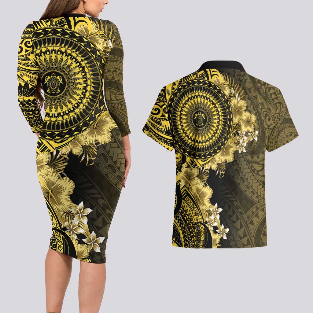 Vanuatu Couples Matching Long Sleeve Bodycon Dress and Hawaiian Shirt Hibisus Polynesian Pattern Gold - Polynesian Pride