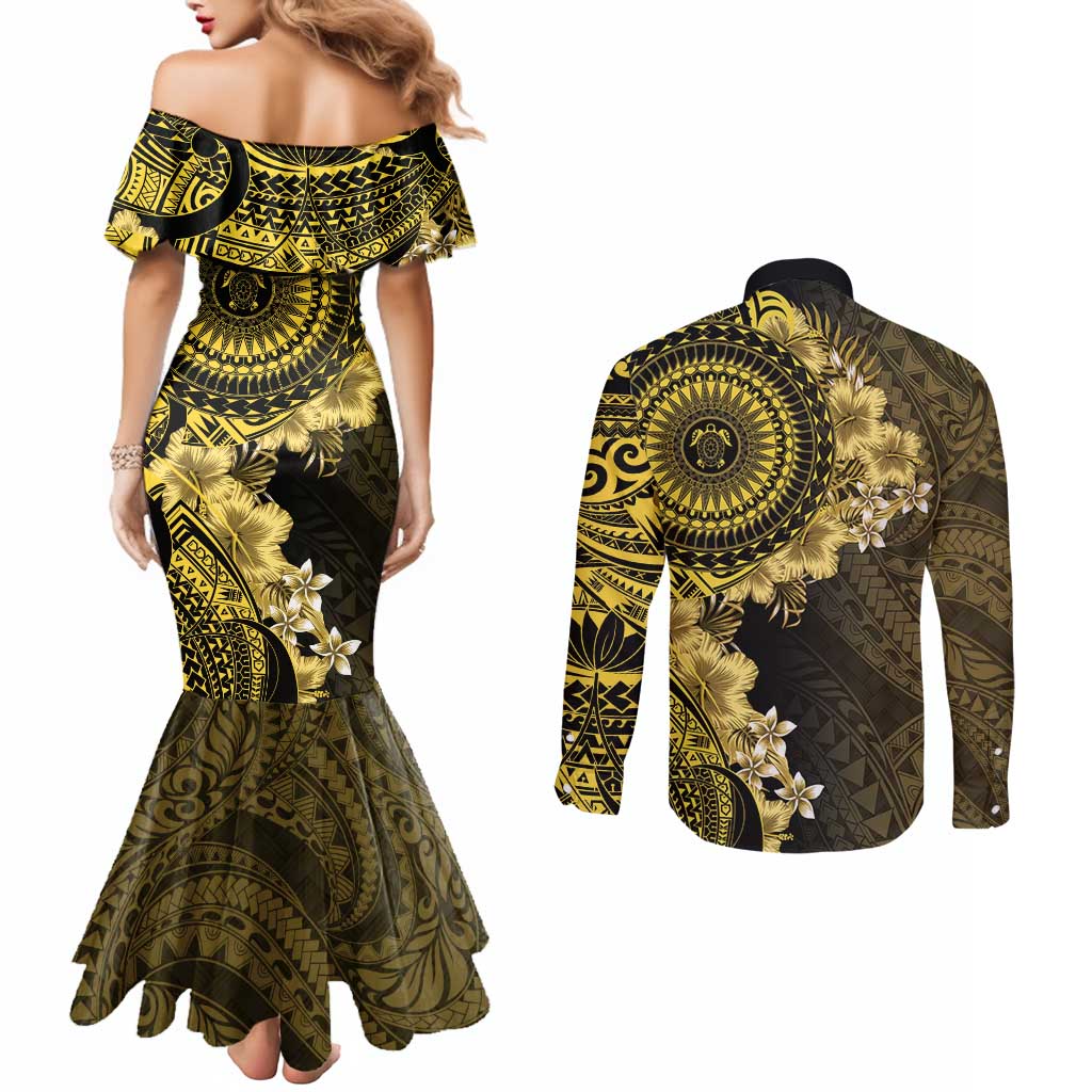Vanuatu Couples Matching Mermaid Dress and Long Sleeve Button Shirt Hibisus Polynesian Pattern Gold - Polynesian Pride