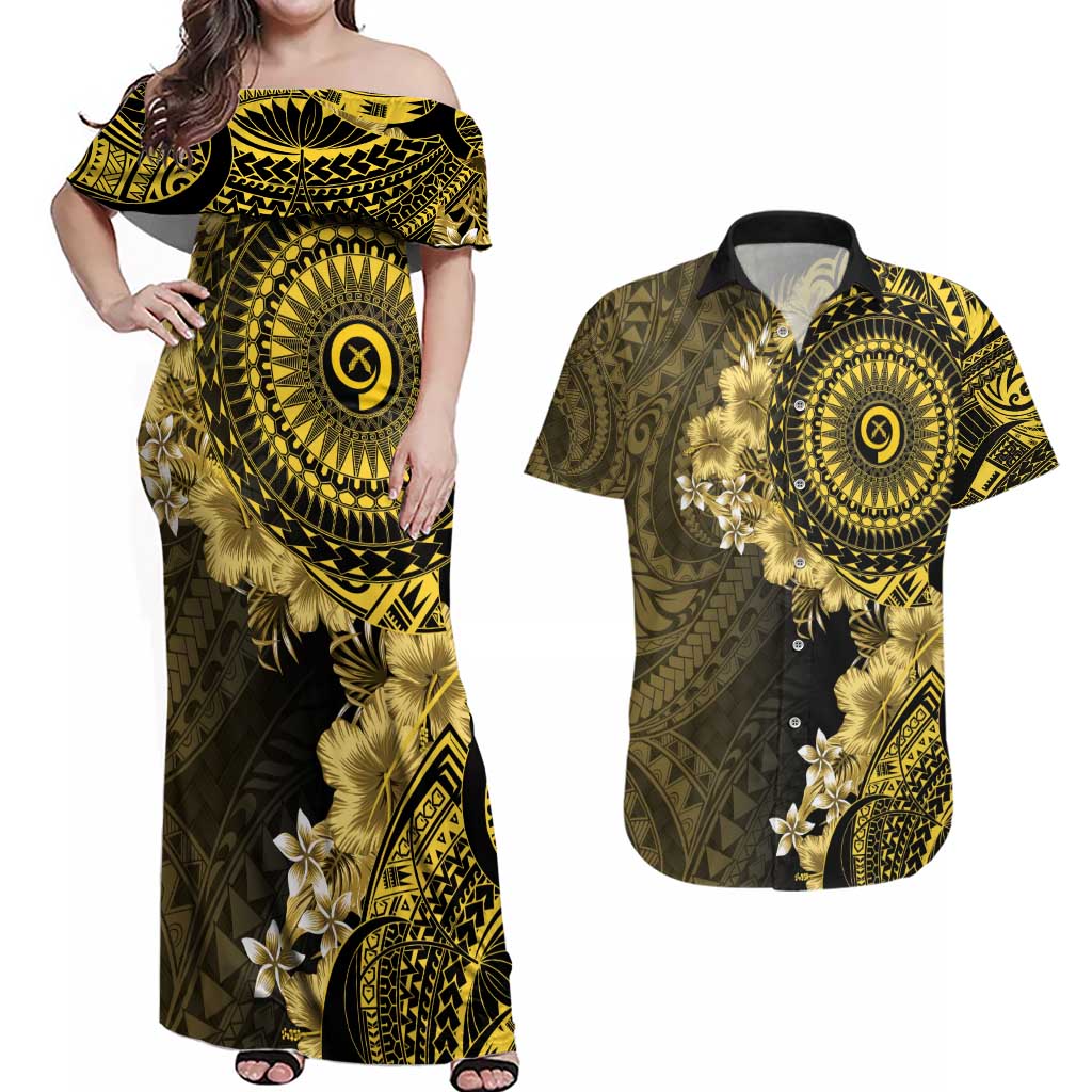 Vanuatu Couples Matching Off Shoulder Maxi Dress and Hawaiian Shirt Hibisus Polynesian Pattern Gold - Polynesian Pride