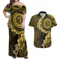 Vanuatu Couples Matching Off Shoulder Maxi Dress and Hawaiian Shirt Hibisus Polynesian Pattern Gold - Polynesian Pride