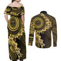 Vanuatu Couples Matching Off Shoulder Maxi Dress and Long Sleeve Button Shirt Hibisus Polynesian Pattern Gold - Polynesian Pride