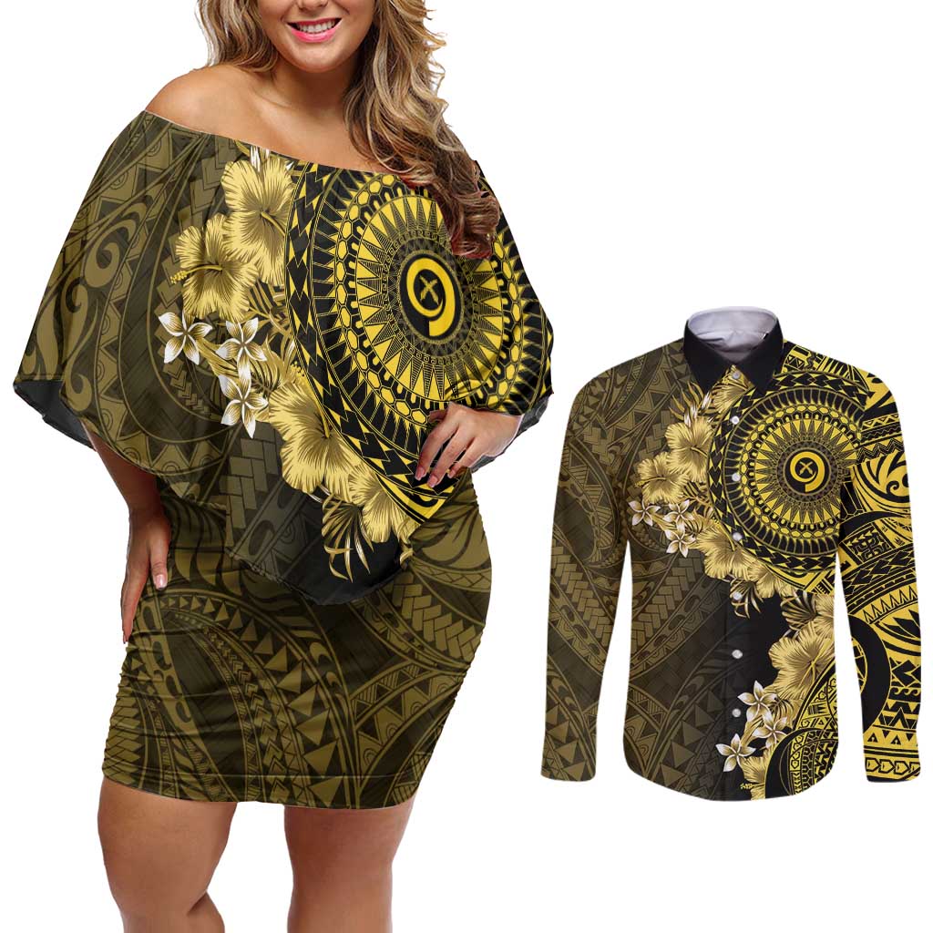 Vanuatu Couples Matching Off Shoulder Short Dress and Long Sleeve Button Shirt Hibisus Polynesian Pattern Gold - Polynesian Pride