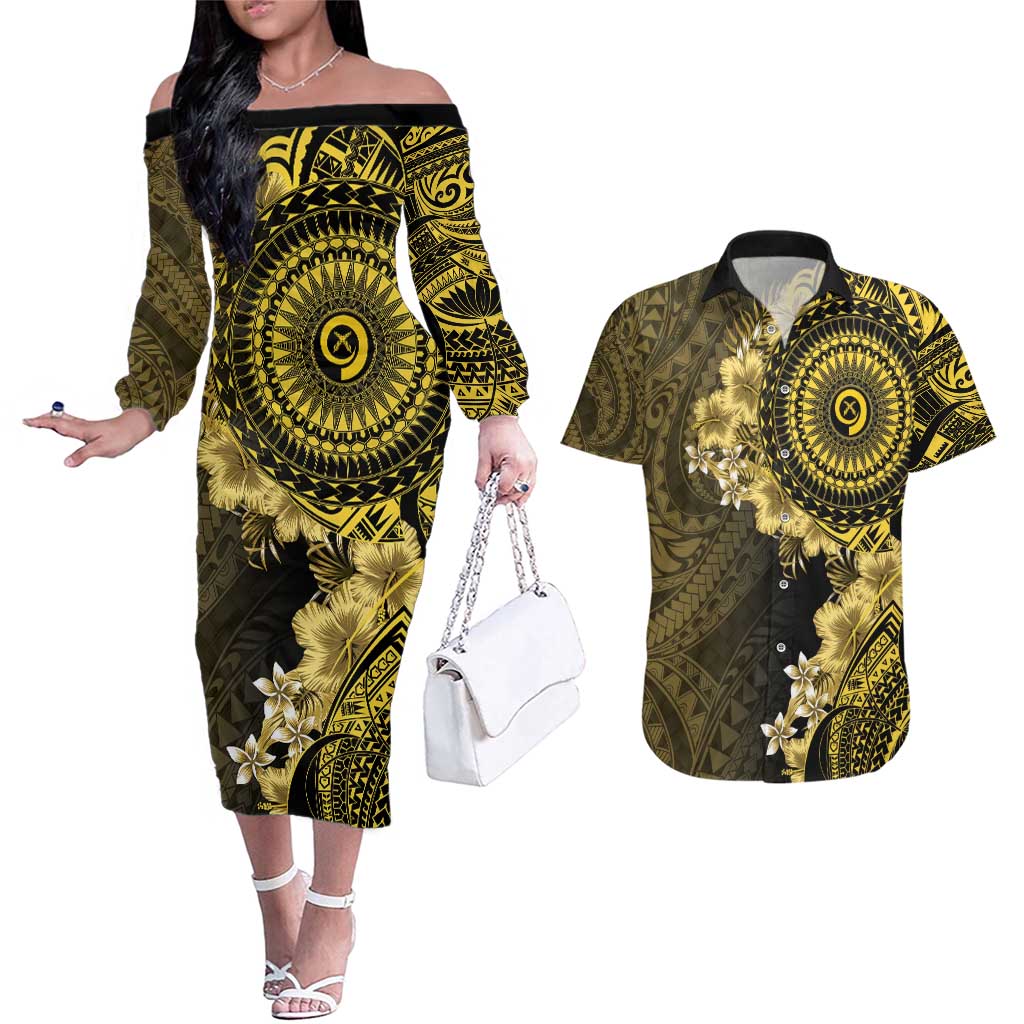 Vanuatu Couples Matching Off The Shoulder Long Sleeve Dress and Hawaiian Shirt Hibisus Polynesian Pattern Gold - Polynesian Pride