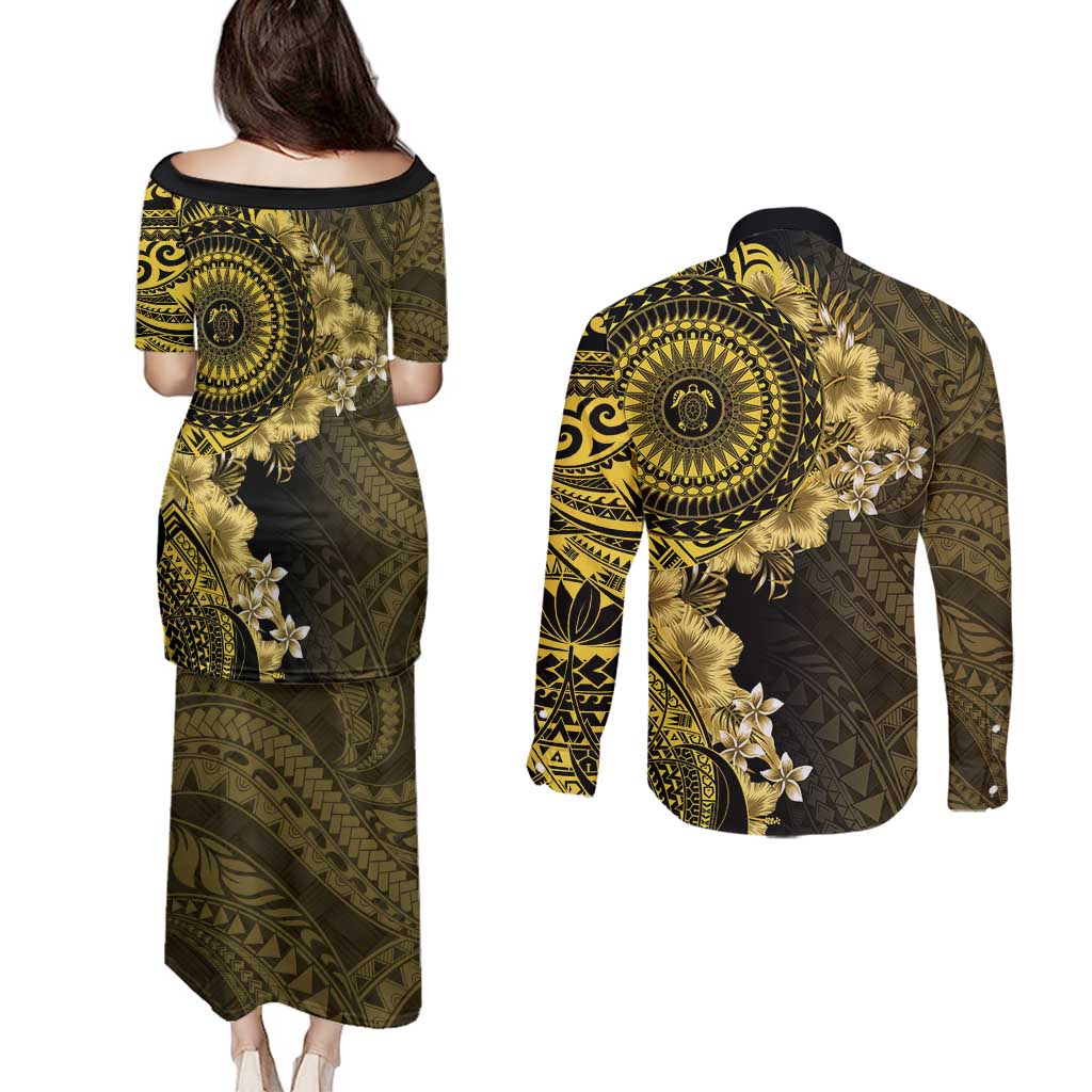 Vanuatu Couples Matching Puletasi and Long Sleeve Button Shirt Hibisus Polynesian Pattern Gold - Polynesian Pride