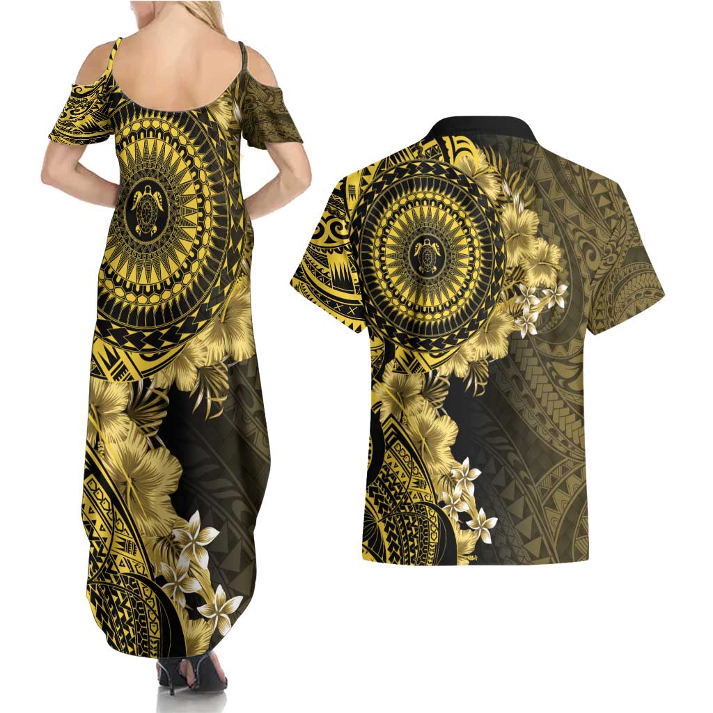 Vanuatu Couples Matching Summer Maxi Dress and Hawaiian Shirt Hibisus Polynesian Pattern Gold - Polynesian Pride
