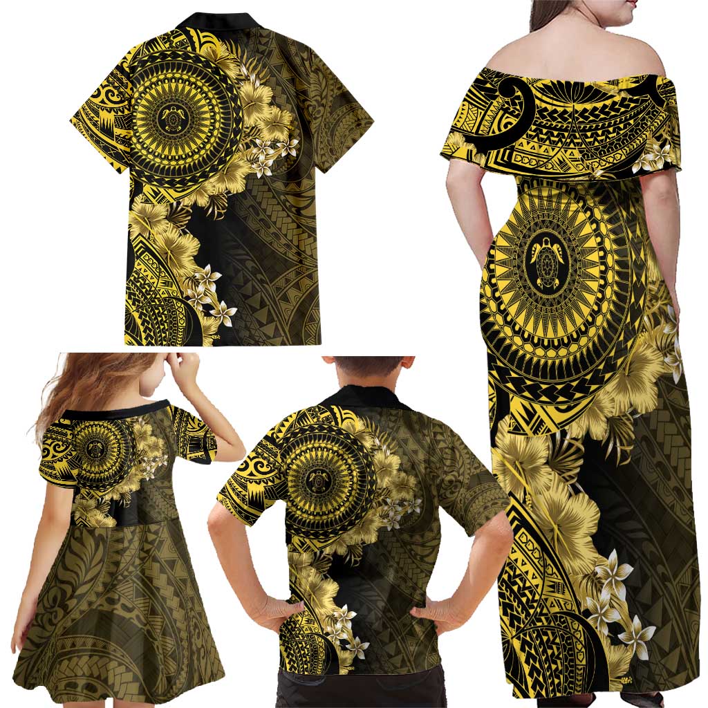 Vanuatu Family Matching Off Shoulder Maxi Dress and Hawaiian Shirt Hibisus Polynesian Pattern Gold - Polynesian Pride