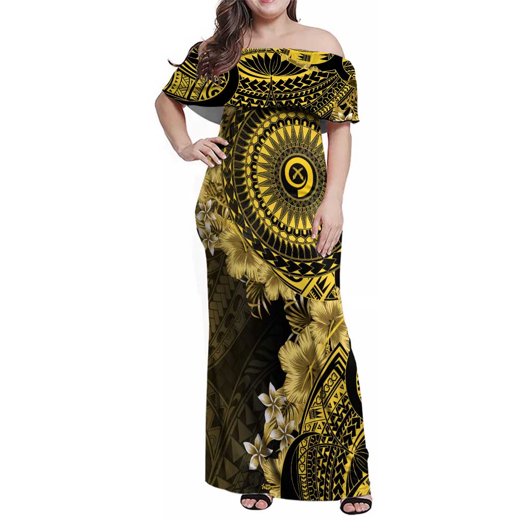 Vanuatu Family Matching Off Shoulder Maxi Dress and Hawaiian Shirt Hibisus Polynesian Pattern Gold - Polynesian Pride