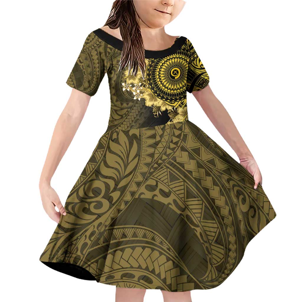 Vanuatu Family Matching Off Shoulder Short Dress and Hawaiian Shirt Hibisus Polynesian Pattern Gold - Polynesian Pride