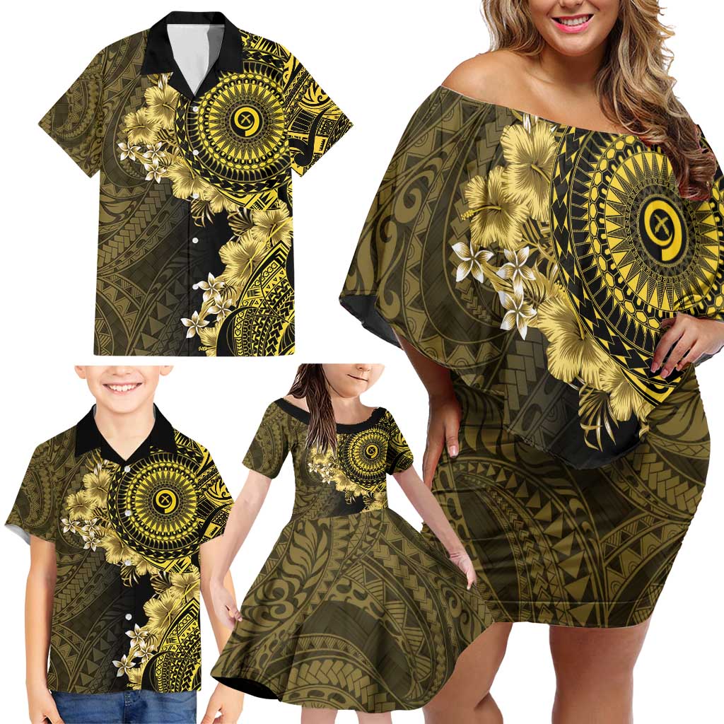 Vanuatu Family Matching Off Shoulder Short Dress and Hawaiian Shirt Hibisus Polynesian Pattern Gold - Polynesian Pride