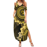 Vanuatu Family Matching Summer Maxi Dress and Hawaiian Shirt Hibisus Polynesian Pattern Gold - Polynesian Pride