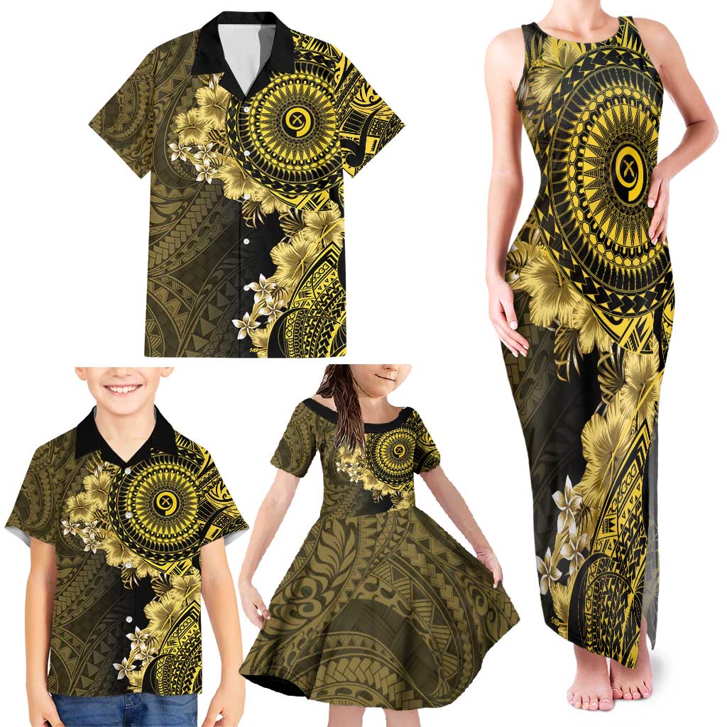 Vanuatu Family Matching Tank Maxi Dress and Hawaiian Shirt Hibisus Polynesian Pattern Gold - Polynesian Pride