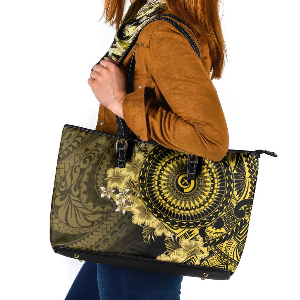 Vanuatu Leather Tote Bag Hibisus Polynesian Pattern Gold - Polynesian Pride