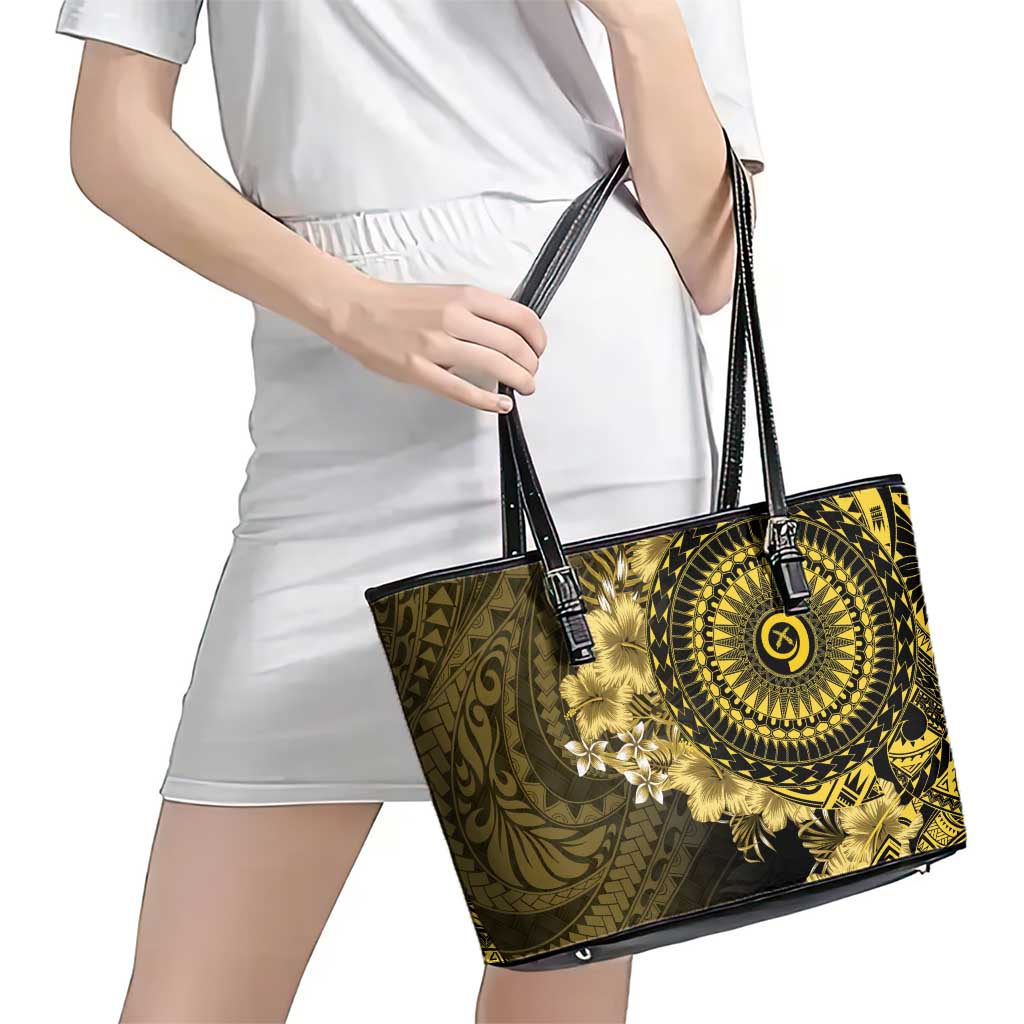 Vanuatu Leather Tote Bag Hibisus Polynesian Pattern Gold - Polynesian Pride
