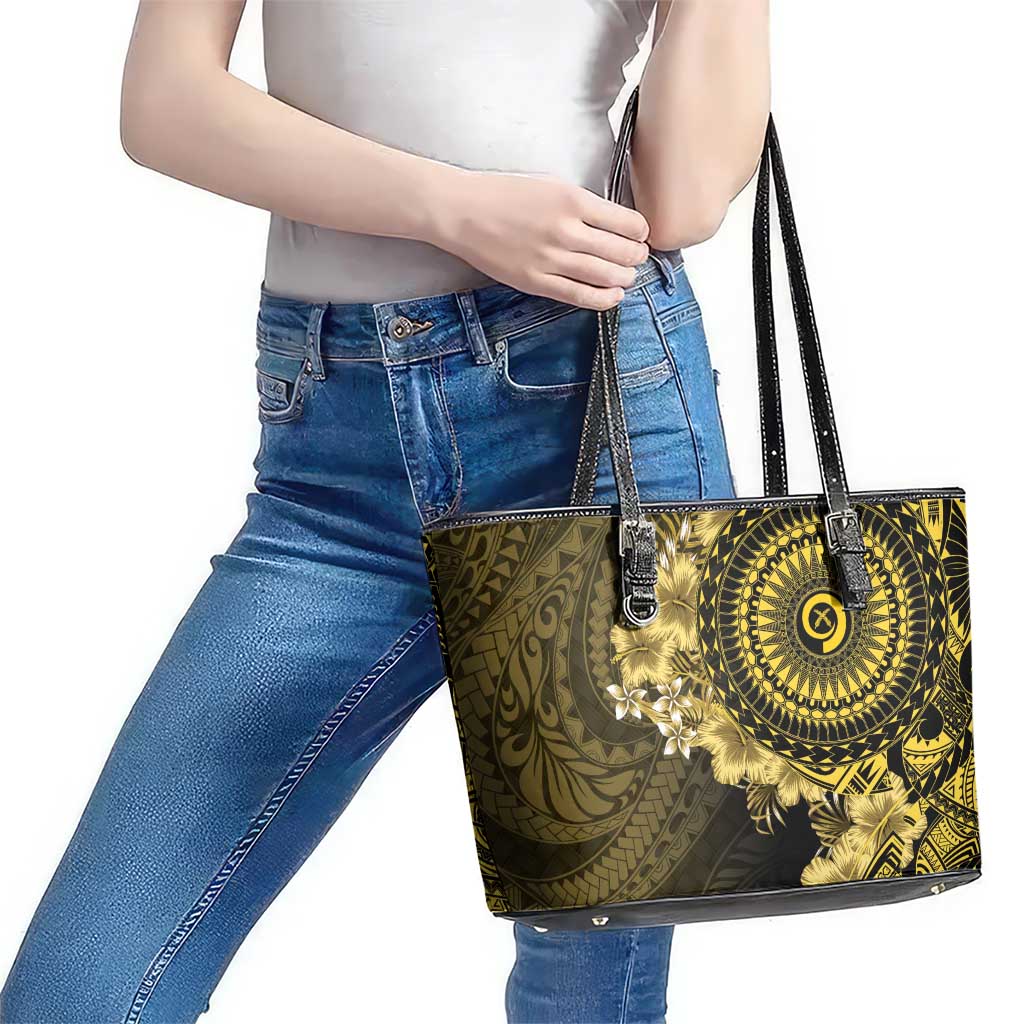 Vanuatu Leather Tote Bag Hibisus Polynesian Pattern Gold - Polynesian Pride