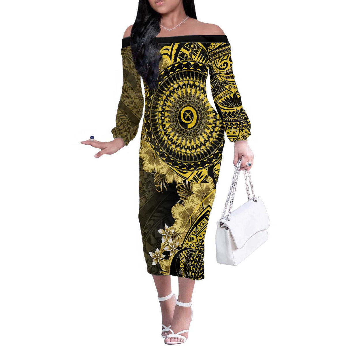 Vanuatu Off The Shoulder Long Sleeve Dress Hibisus Polynesian Pattern Gold - Polynesian Pride