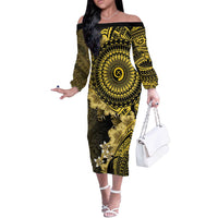 Vanuatu Off The Shoulder Long Sleeve Dress Hibisus Polynesian Pattern Gold - Polynesian Pride