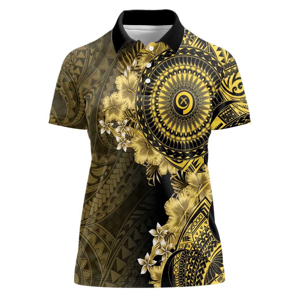 Vanuatu Women Polo Shirt Hibisus Polynesian Pattern Gold - Polynesian Pride