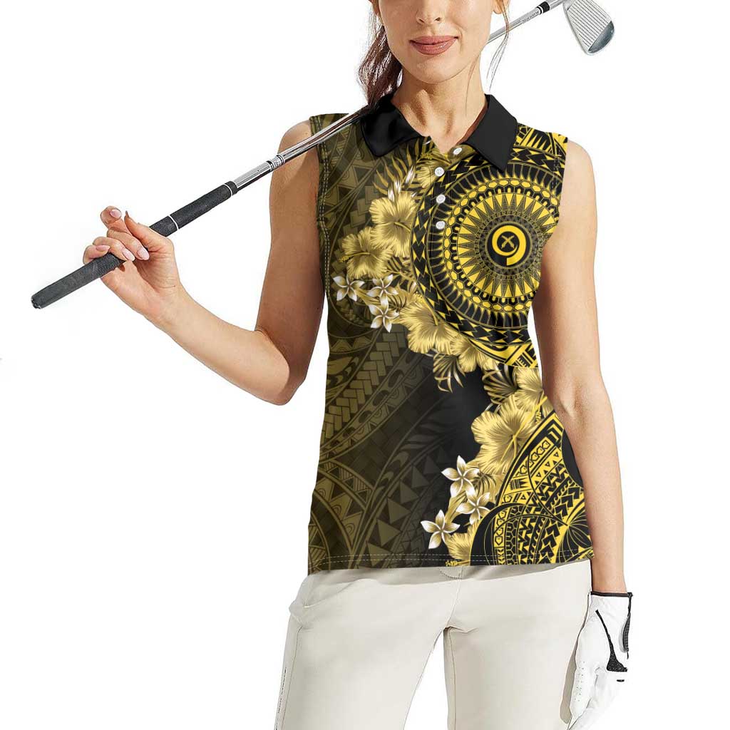 Vanuatu Women Sleeveless Polo Shirt Hibisus Polynesian Pattern Gold - Polynesian Pride