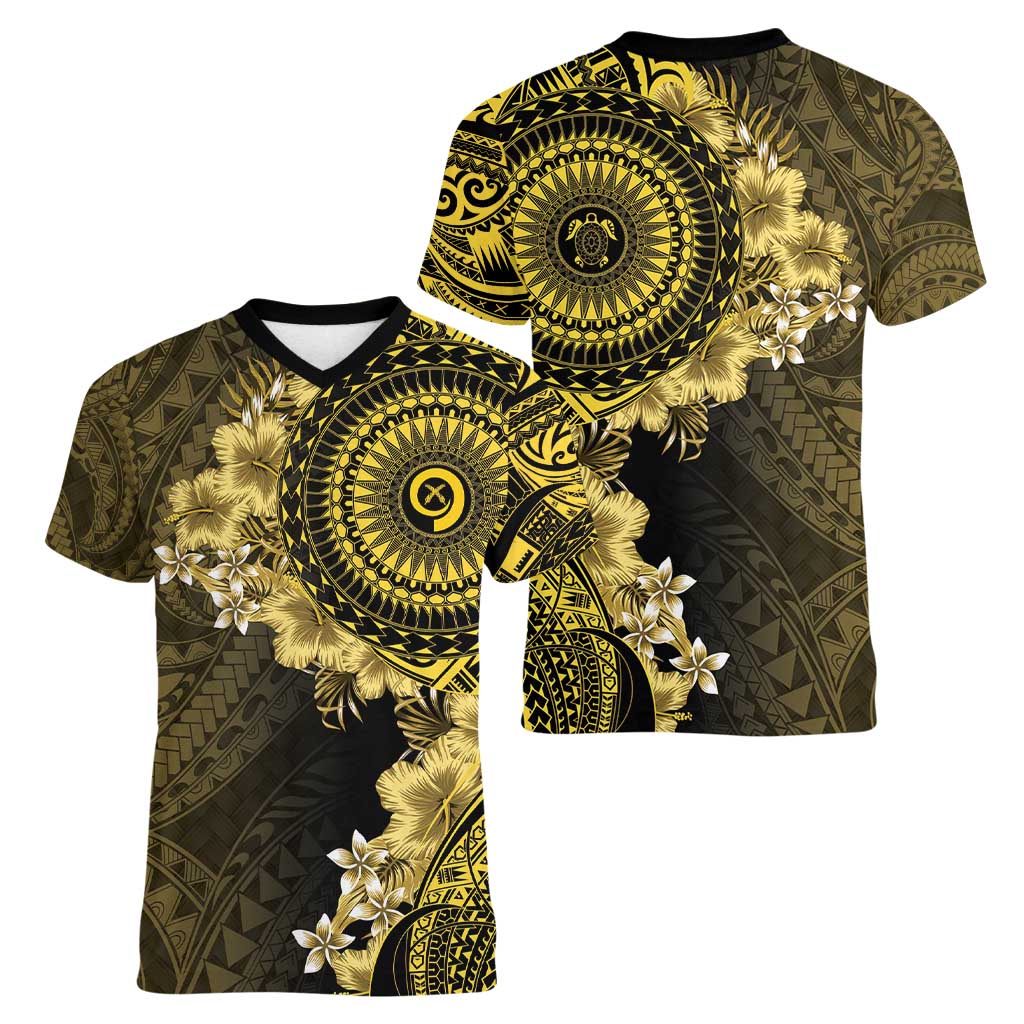 Vanuatu Women V-Neck T-Shirt Hibisus Polynesian Pattern Gold - Polynesian Pride