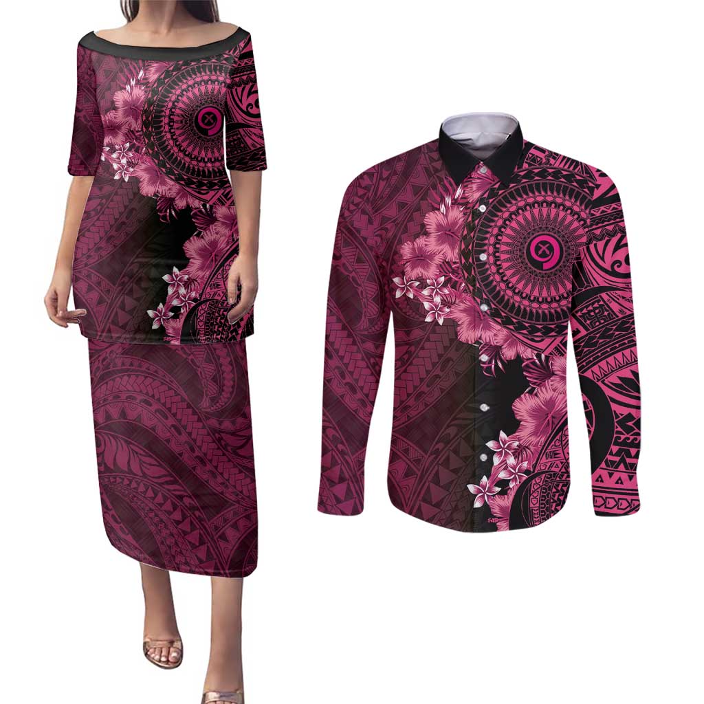 Vanuatu Couples Matching Puletasi and Long Sleeve Button Shirt Hibisus Polynesian Pattern Pink - Polynesian Pride