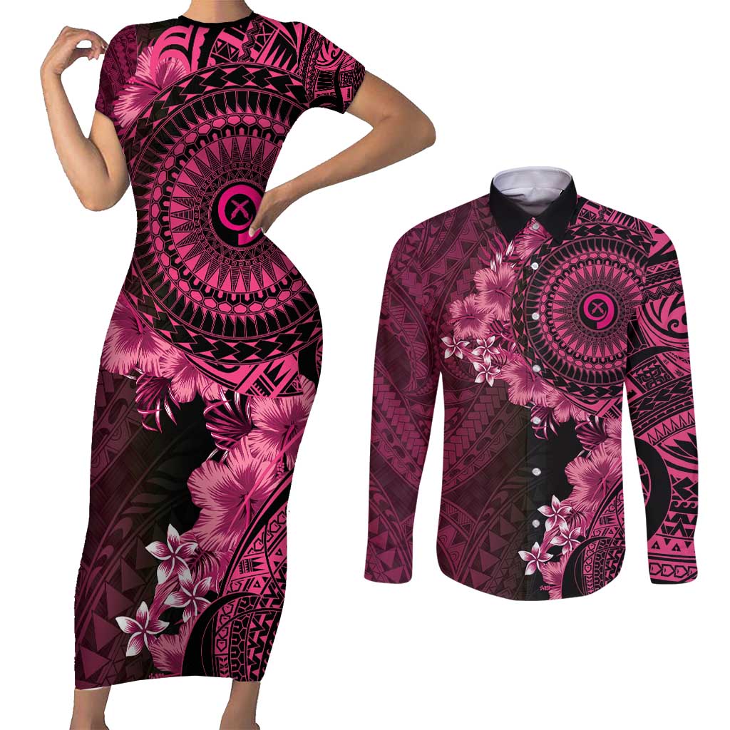 Vanuatu Couples Matching Short Sleeve Bodycon Dress and Long Sleeve Button Shirt Hibisus Polynesian Pattern Pink - Polynesian Pride