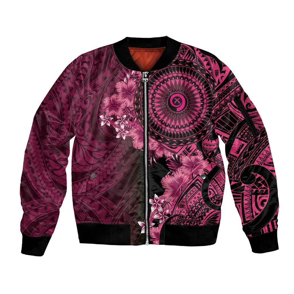 Vanuatu Sleeve Zip Bomber Jacket Hibisus Polynesian Pattern Pink - Polynesian Pride