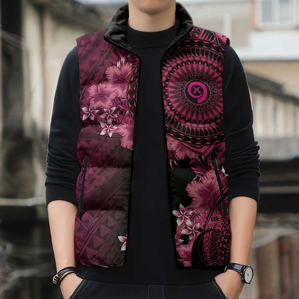 Vanuatu Sleeveless Puffer Jacket Hibisus Polynesian Pattern Pink - Polynesian Pride