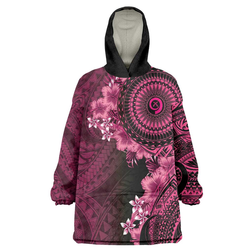 Vanuatu Wearable Blanket Hoodie Hibisus Polynesian Pattern Pink - Polynesian Pride