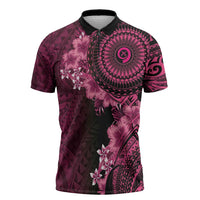 Vanuatu Zipper Polo Shirt Hibisus Polynesian Pattern Pink - Polynesian Pride