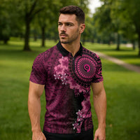 Vanuatu Zipper Polo Shirt Hibisus Polynesian Pattern Pink - Polynesian Pride