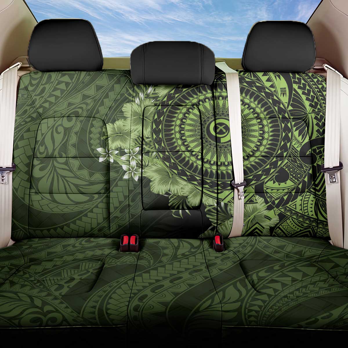 Vanuatu Back Car Seat Cover Hibisus Polynesian Pattern Green - Polynesian Pride