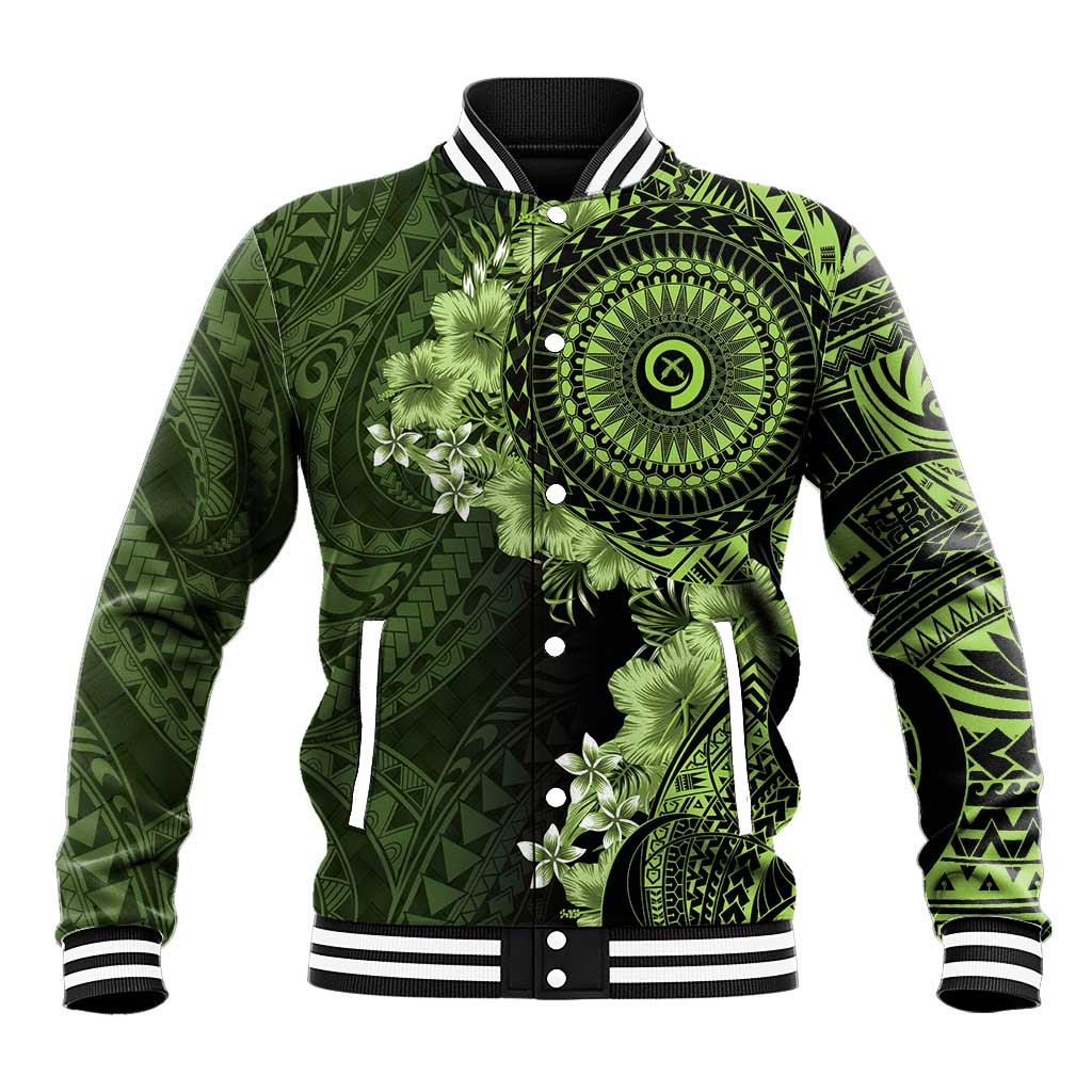 Vanuatu Baseball Jacket Hibisus Polynesian Pattern Green - Polynesian Pride