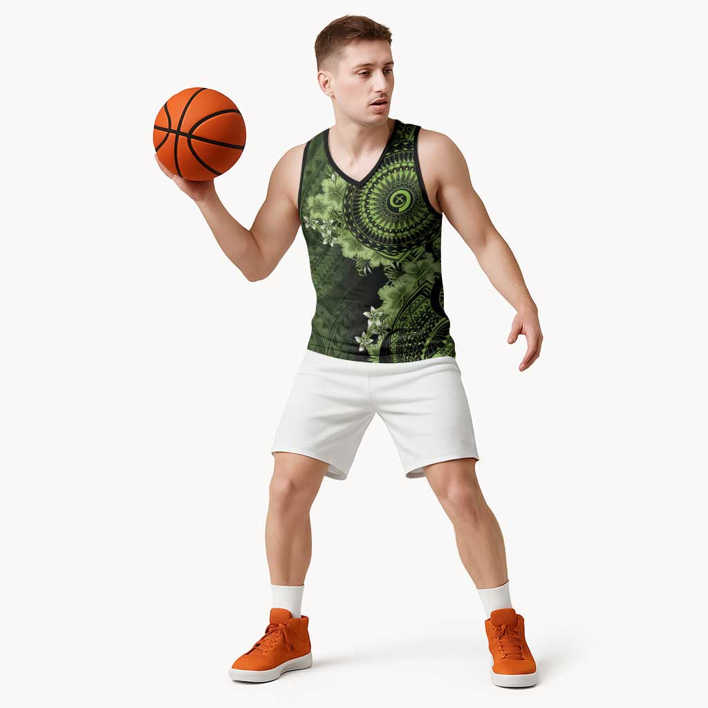 Vanuatu Basketball Jersey Hibisus Polynesian Pattern Green - Polynesian Pride