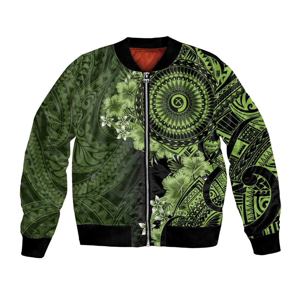 Vanuatu Bomber Jacket Hibisus Polynesian Pattern Green - Polynesian Pride