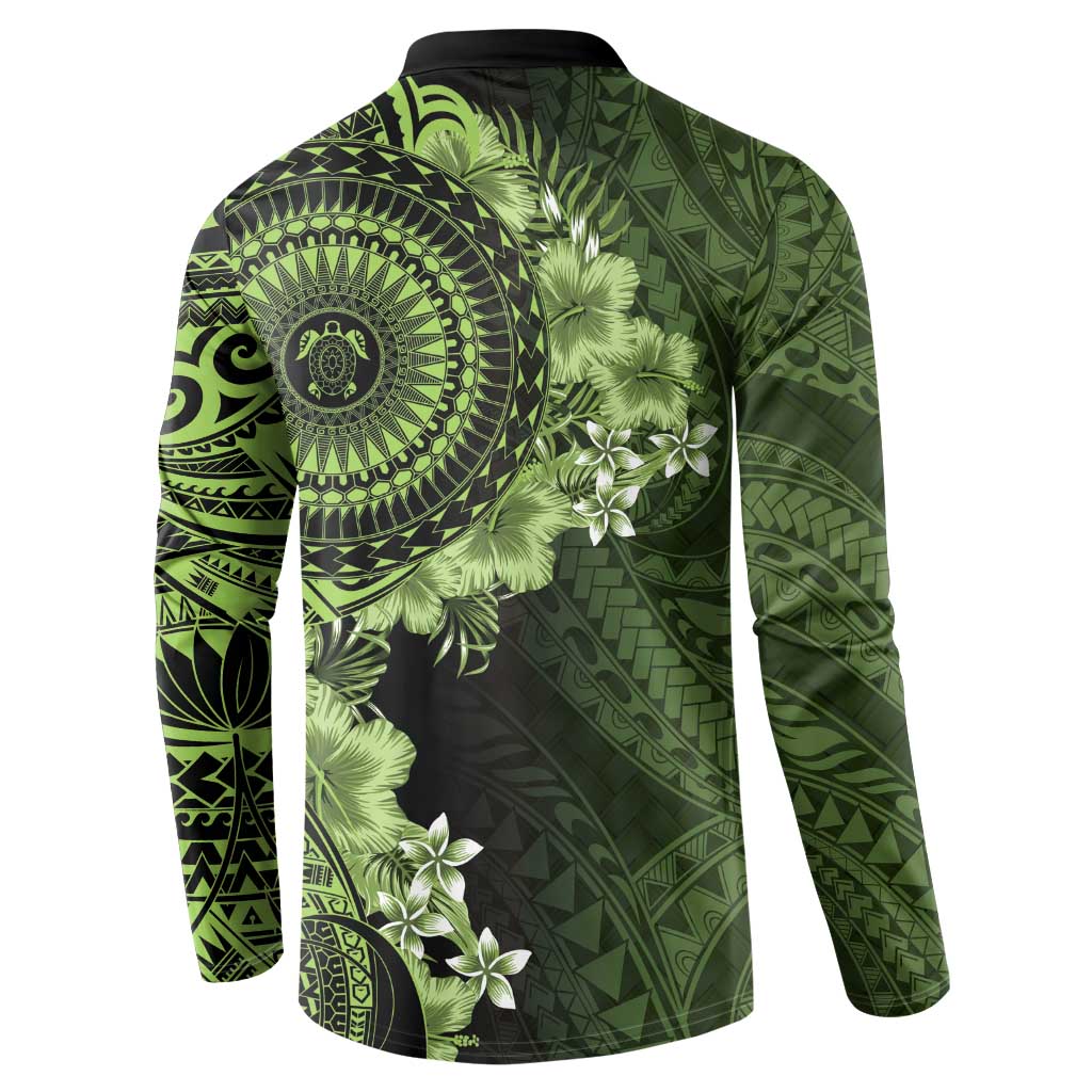 Vanuatu Button Sweatshirt Hibisus Polynesian Pattern Green - Polynesian Pride