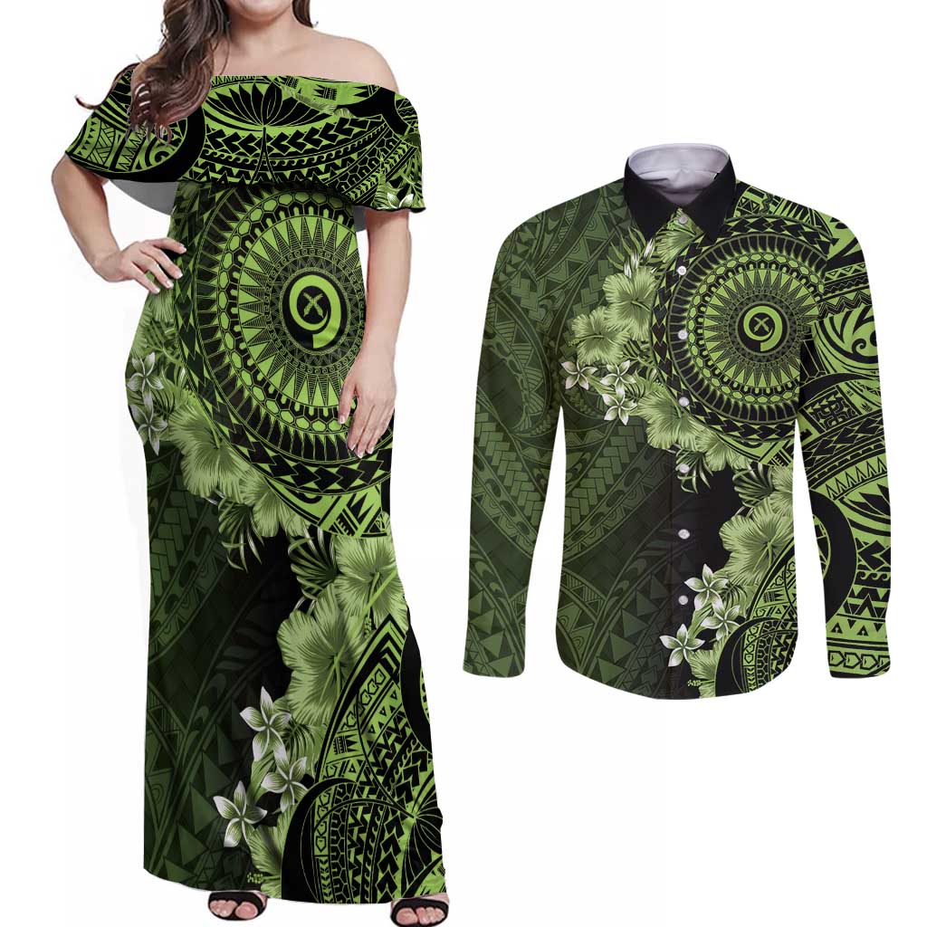 Vanuatu Couples Matching Off Shoulder Maxi Dress and Long Sleeve Button Shirt Hibisus Polynesian Pattern Green - Polynesian Pride