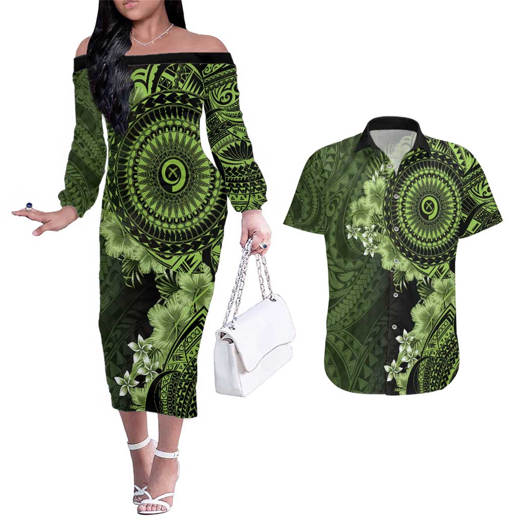 Vanuatu Couples Matching Off The Shoulder Long Sleeve Dress and Hawaiian Shirt Hibisus Polynesian Pattern Green - Polynesian Pride