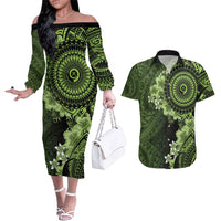 Vanuatu Couples Matching Off The Shoulder Long Sleeve Dress and Hawaiian Shirt Hibisus Polynesian Pattern Green - Polynesian Pride