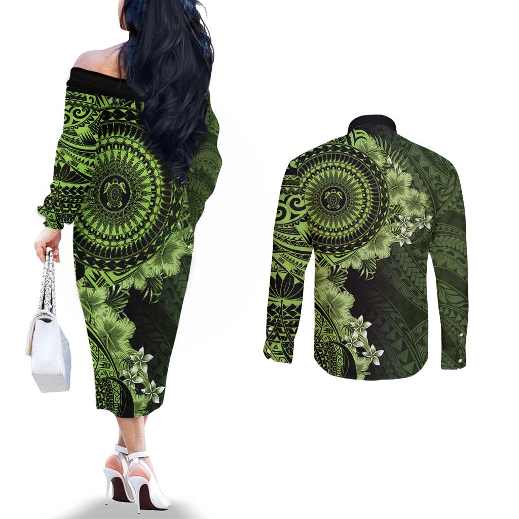 Vanuatu Couples Matching Off The Shoulder Long Sleeve Dress and Long Sleeve Button Shirt Hibisus Polynesian Pattern Green - Polynesian Pride