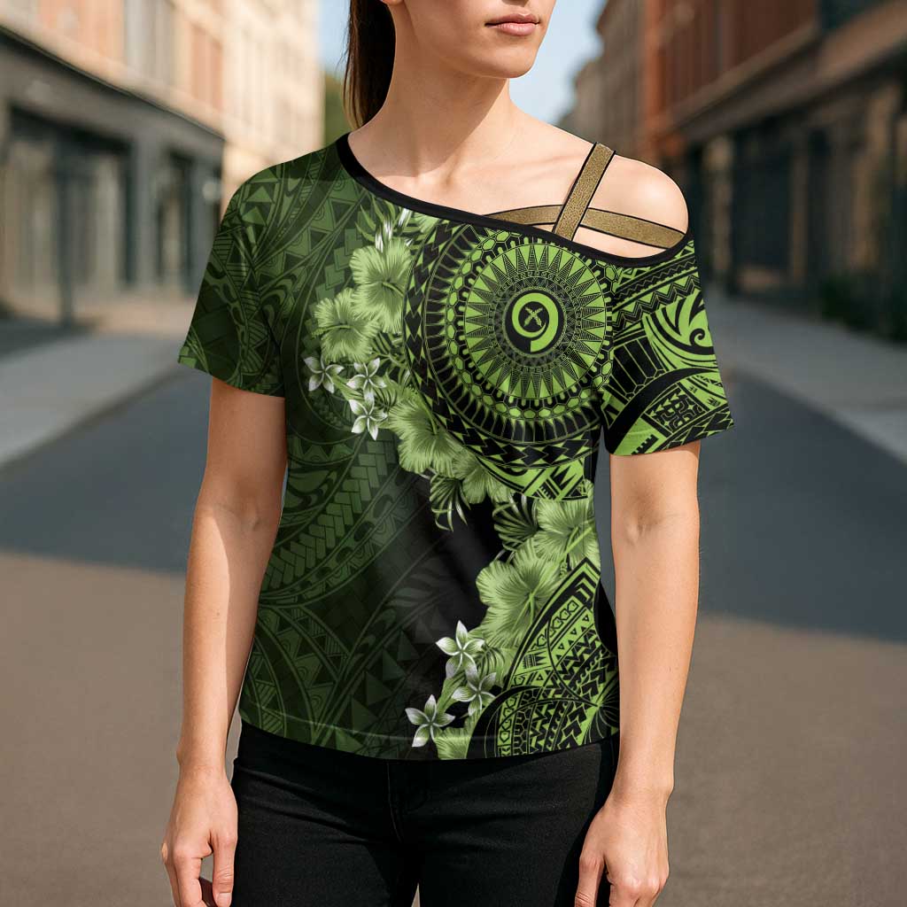 Vanuatu Cross Shoulder Shirt Hibisus Polynesian Pattern Green - Polynesian Pride