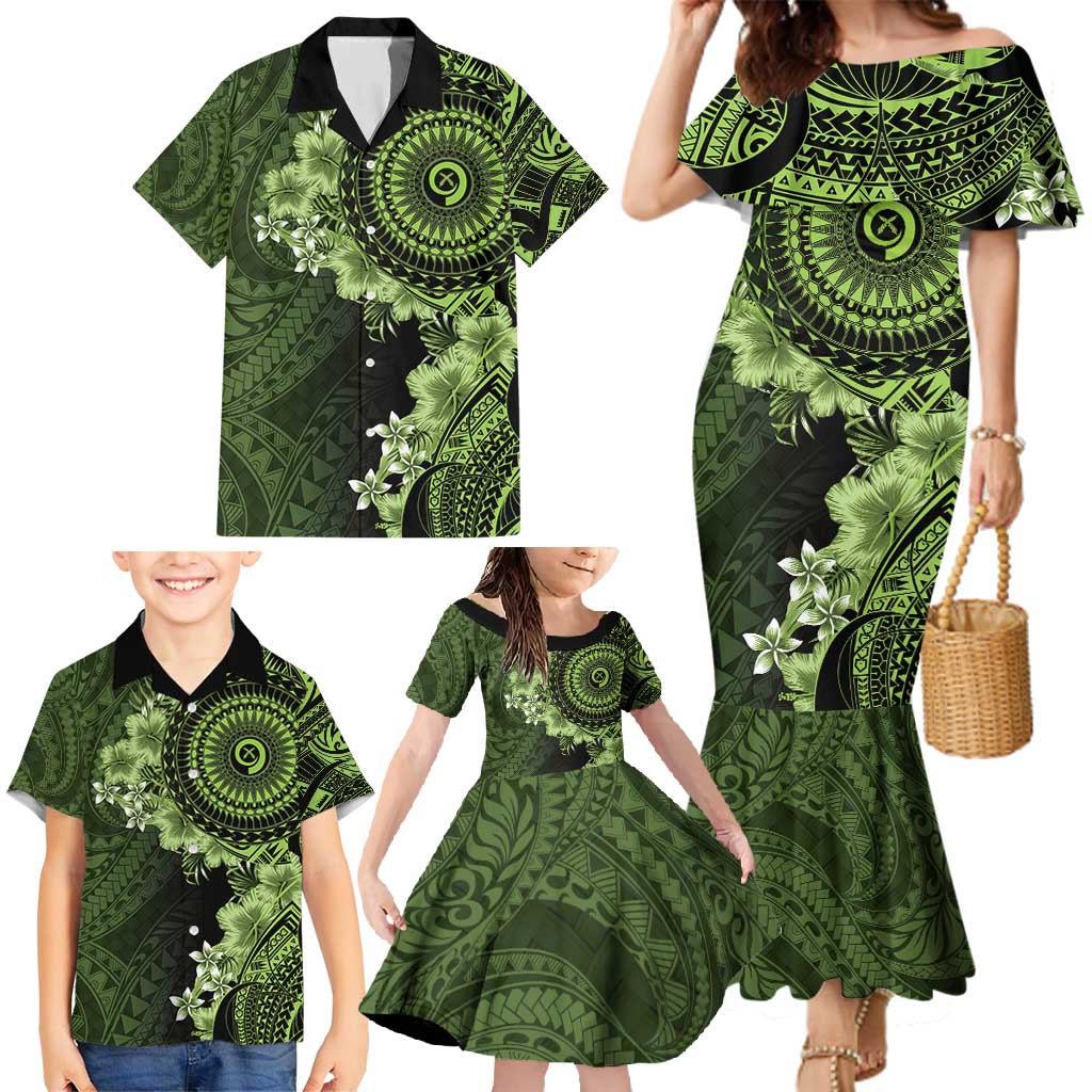 Vanuatu Family Matching Mermaid Dress and Hawaiian Shirt Hibisus Polynesian Pattern Green - Polynesian Pride