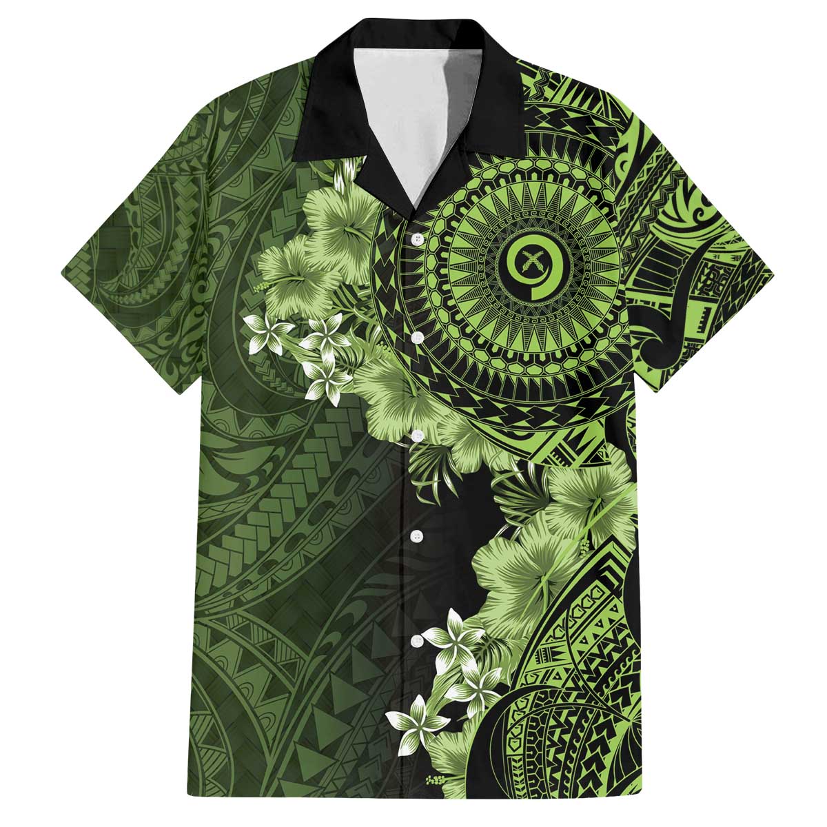 Vanuatu Family Matching Off The Shoulder Long Sleeve Dress and Hawaiian Shirt Hibisus Polynesian Pattern Green - Polynesian Pride