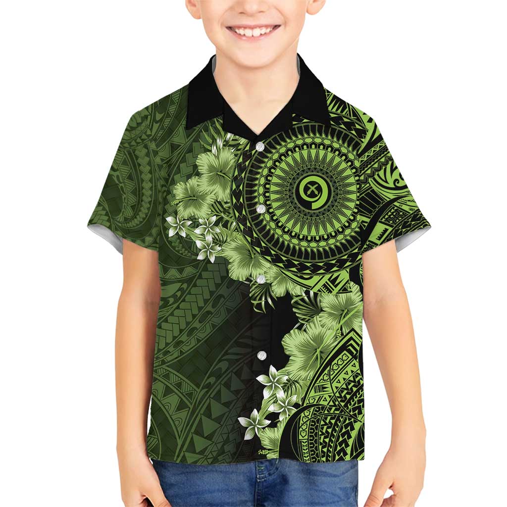Vanuatu Family Matching Off Shoulder Short Dress and Hawaiian Shirt Hibisus Polynesian Pattern Green - Polynesian Pride